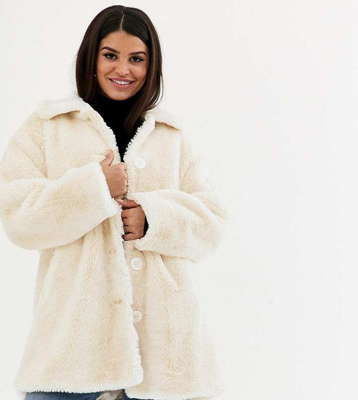 Asos Design Petite Faux Fur Button Through Coat In Cream