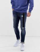 Asos Design Super Skinny Distressed Jeans In Dark Wash Blue