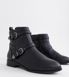 Faith Wide Fit Wuckle Black Flat Multi Buckle Ankle Boots - Black