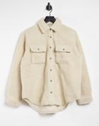 Noisy May Oversized Borg Shirt In Cream-white
