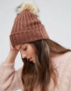Pieces Knitted Pom Beanie In Copper Pink - Pink