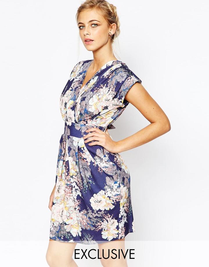 Closet Wrap Front Pleated Pencil Dress - Navy Print
