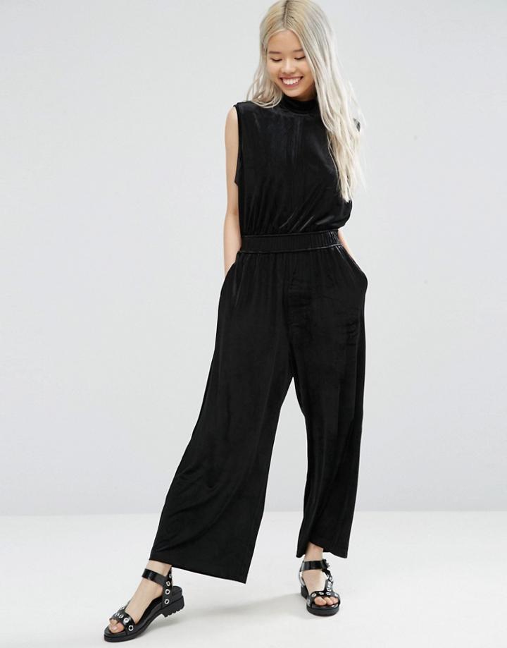 Weekday High Neck Crop Velvet Jumpsuit - Black