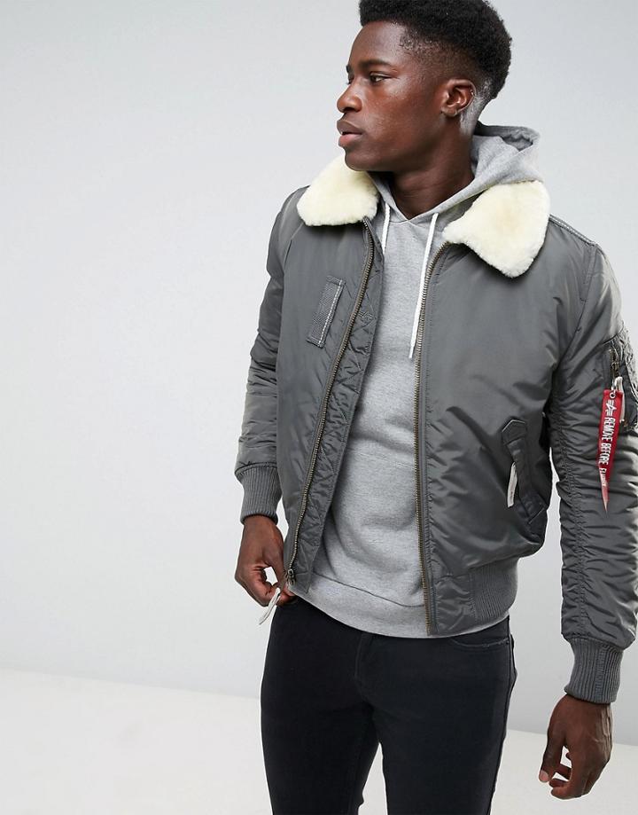 Alpha Industries Bomber Jacket Shearling Collar In Gray Black - Gray