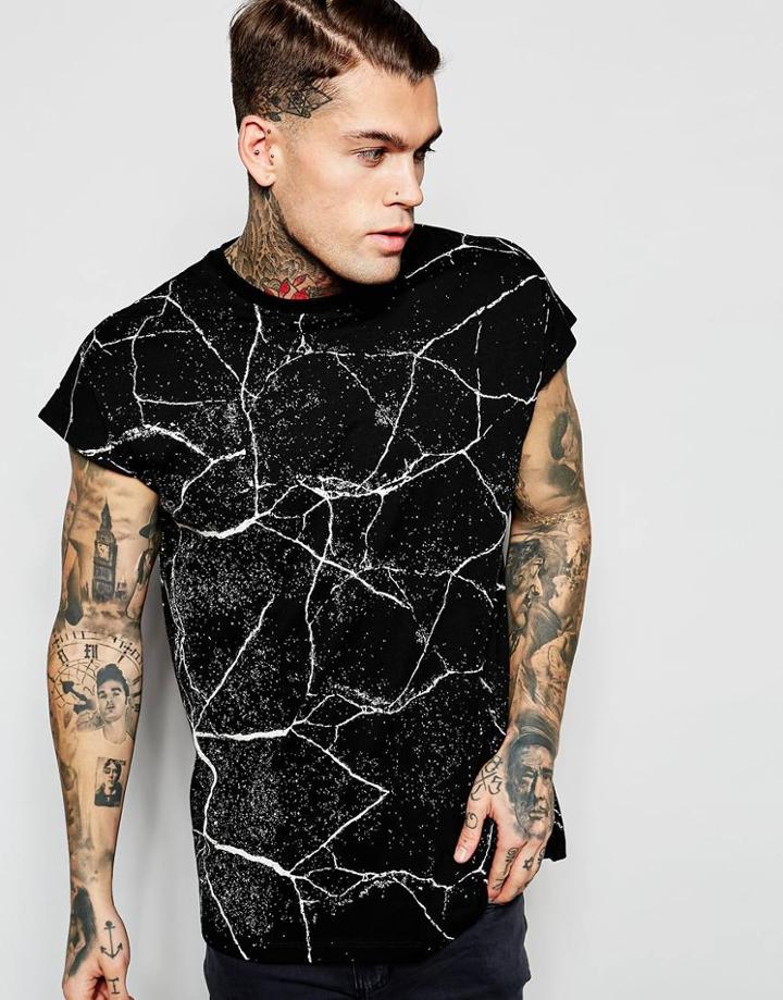 Asos Oversized Sleeveless T-shirt In Cracked Print - Black