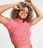 Collusion Shrunken Shirred Shirt In Red And Pink Hibiscus-multi