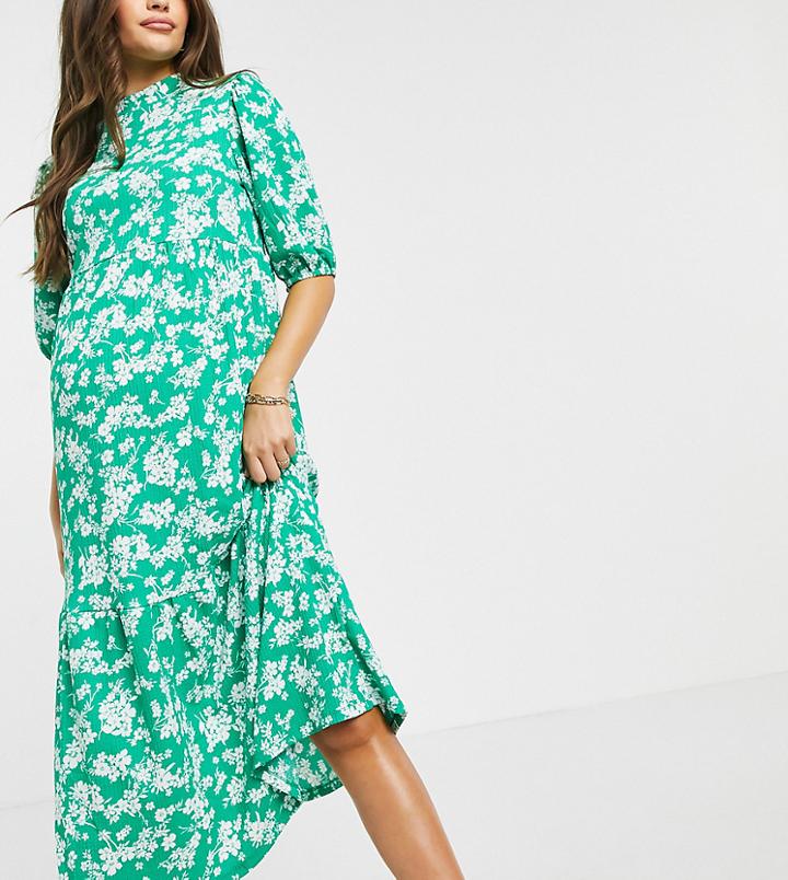 New Look Maternity Crinkle Tiered Midi Dress In Green Pattern