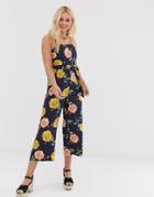 Qed London Square Neck Culotte Jumpsuit In Navy Floral - Navy