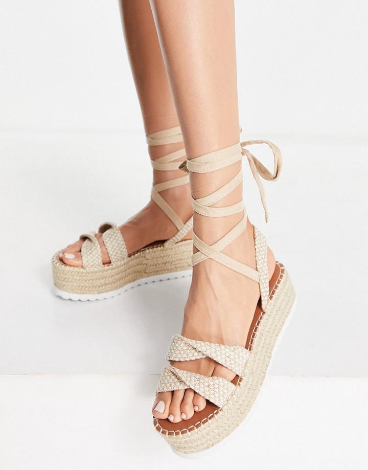 Asos Design Tate Tie Leg Flatform Sandals In Natural-neutral