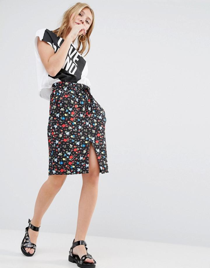 Love Moschino Floral Print Sweat Skirt With Drawstring Waist - Black