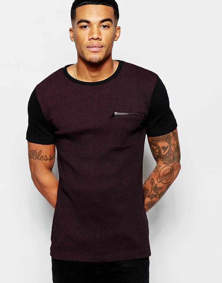 Asos Muscle T-shirt In Rib With Contrast Raglan Sleeves - Burgundy