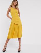 Asos Design One Shoulder Pleated Skirt Midi Dress - Yellow