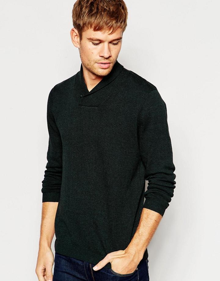 Asos Shawl Neck Sweater In Dark Green Cotton - Green