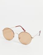 Asos Design 70s Round Sunglasses In Gold With Light Brown Lens