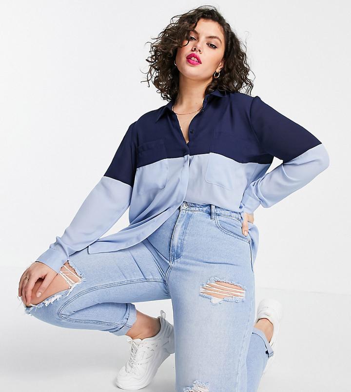 Asos Design Curve Color Block Shirt In Navy And Light Blue-multi