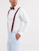 Asos Design Wedding Suspender And Bow Tie Set In Burgundy Floral And Plain-red