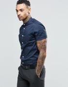 Asos Skinny Shirt In Navy With Grandad Collar And Short Sleeves - Navy