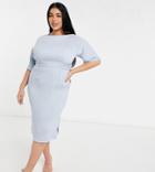 Closet London Plus Ribbed Pencil Midi Dress With Tie Belt In Powder Blue-blues