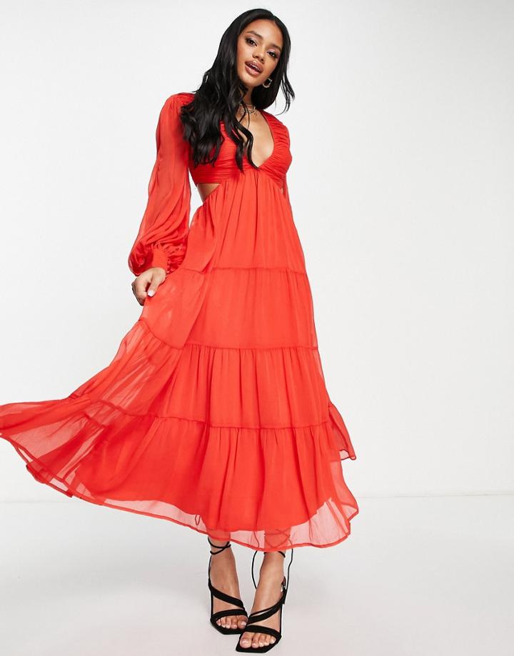 Asos Design Soft Pleated Bodice Midi Dress With Tiered Skirt And Lace Up Back Detail