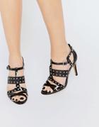 London Rebel Eyelet Strap Heeled Sandals - Black Pu