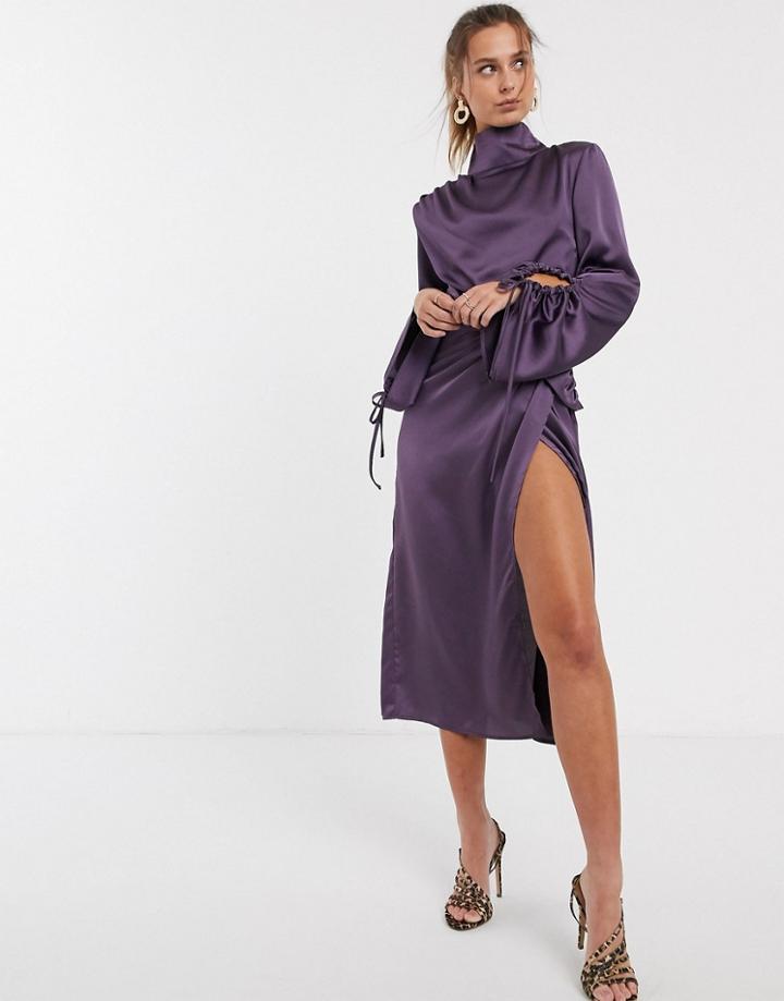Unqiue21 High Neck Gathered Sleeve Satin Drape Dress-purple