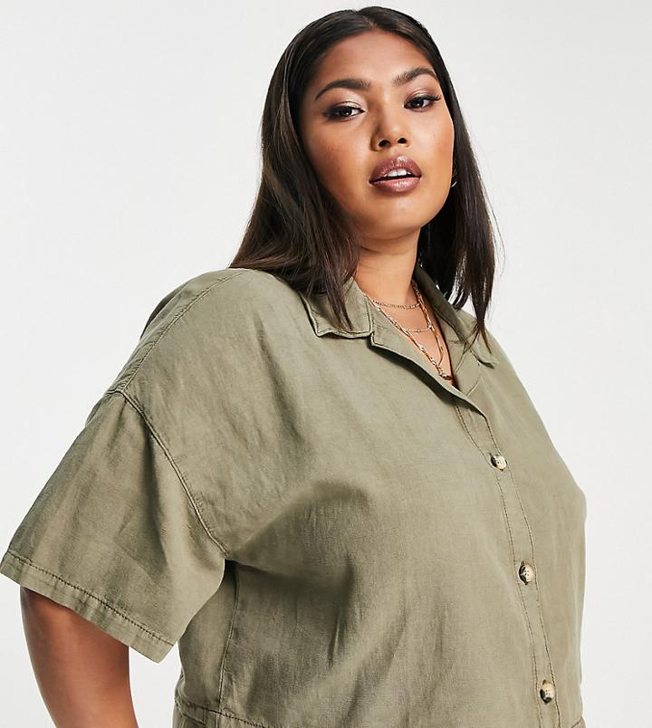 Asos Design Curve Boxy Short Sleeve Matching Shirt In Washed Khaki Linen-orange