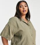 Asos Design Curve Boxy Short Sleeve Matching Shirt In Washed Khaki Linen-orange