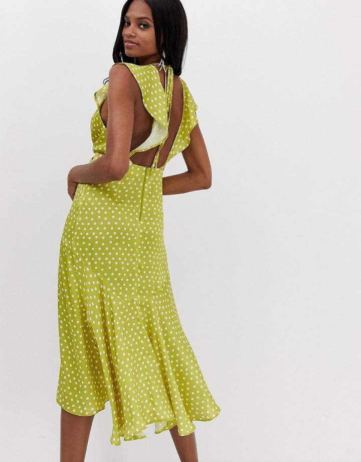 Asos Design Midi Dress With Knot Front Detail In Satin Polka Dot-multi