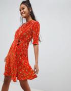 Asos Design Ditsy Print Plisse Mini Dress With Button Detail - Multi