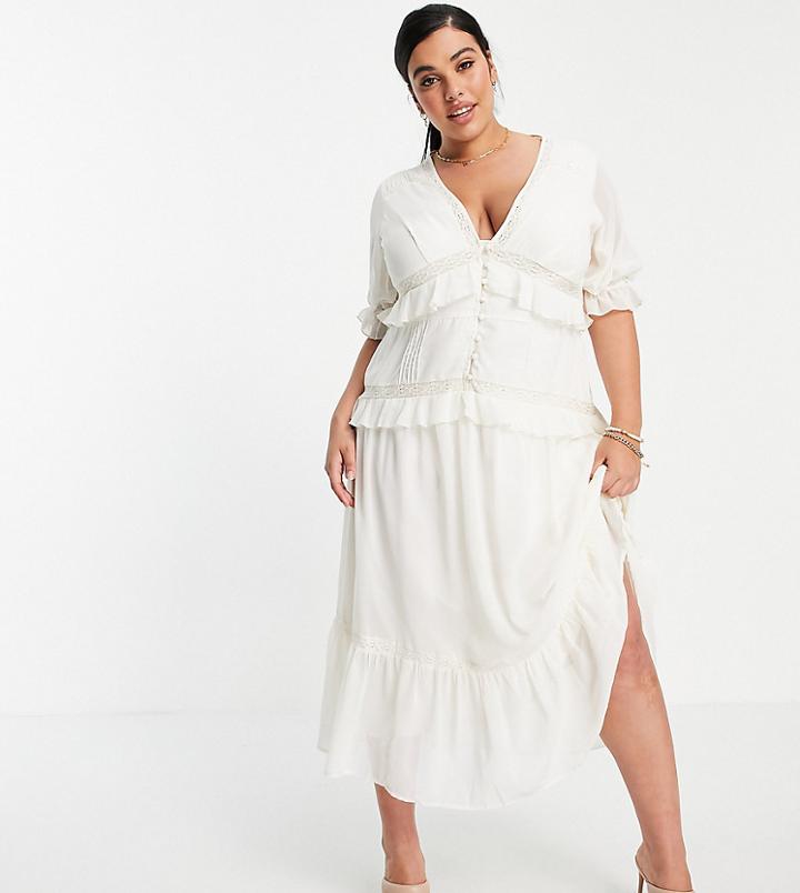 Asos Design Curve Button Through Lace Insert Tiered Midi Dress In Ivory-white