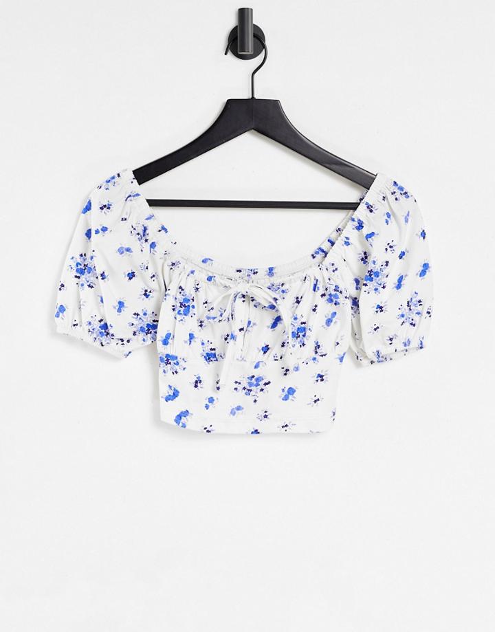 Asos Design Square Neck Tie Detail Short Sleeve Top In Ditsy-brown
