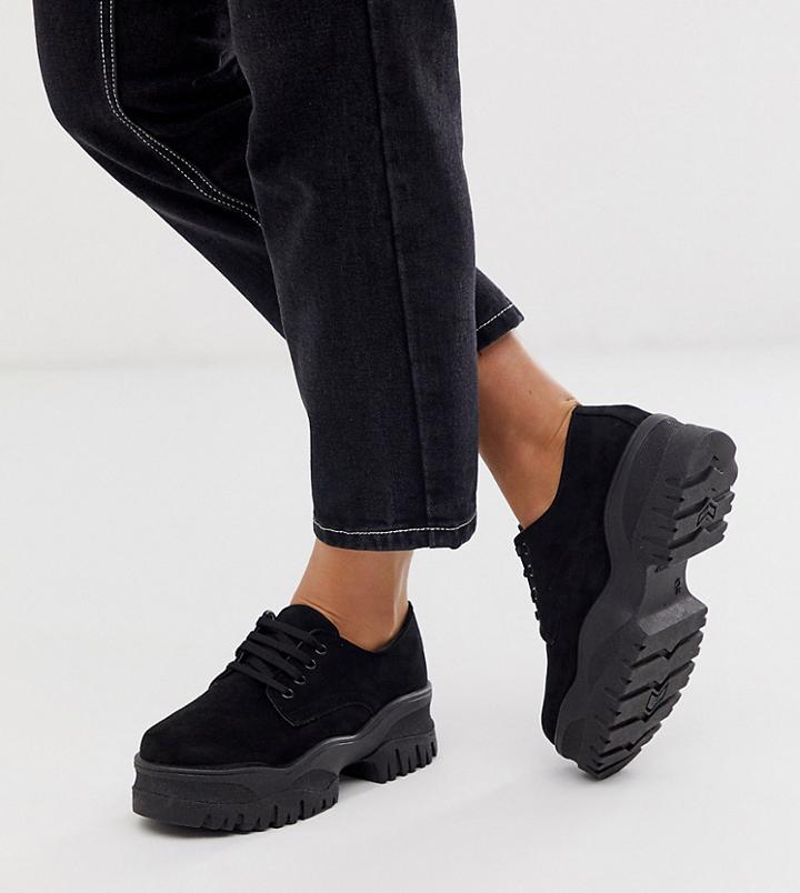 Asos Design Wide Fit Magnum Chunky Lace Up Flat Shoes-black