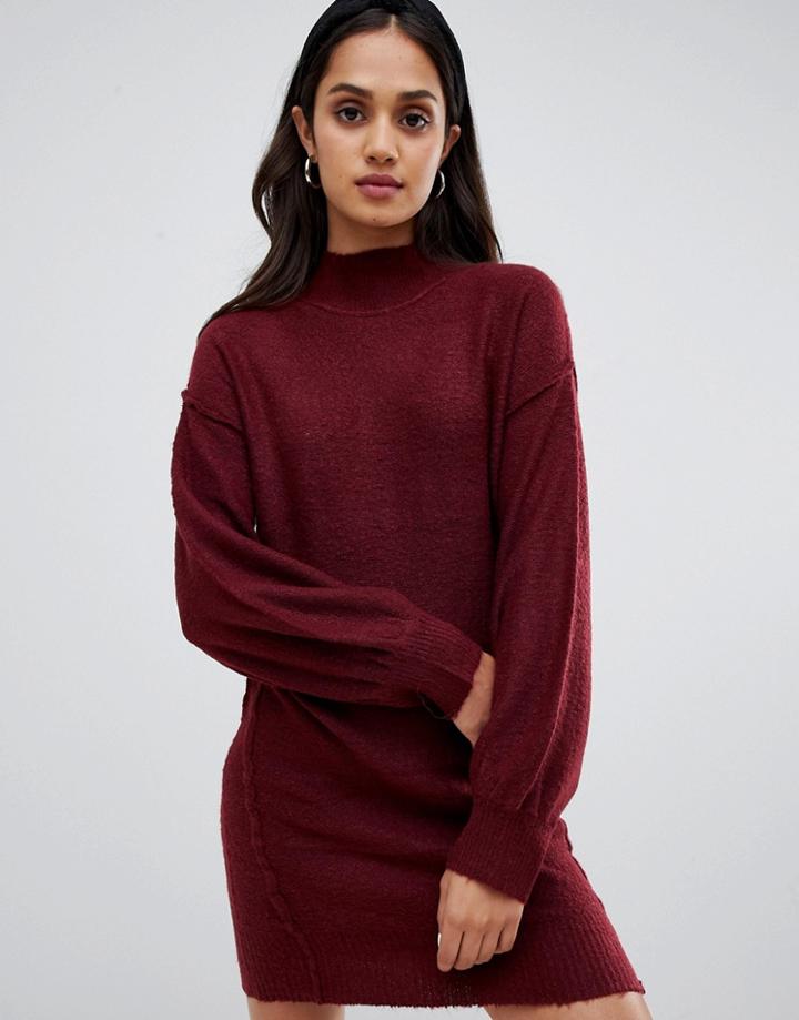 Brave Soul Hudson High Neck Sweater Dress With Balloon Sleeves - Red