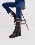 Asos Design Rivet Leather Square Toe Lace Up Boots In Brown Croc - Brown