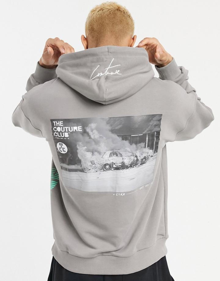 The Couture Club Relaxed Graphic Hoodie With Removable Branding In Gray-grey