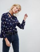 Willow And Paige Button Front Blouse With Tie Neck In Vintage Floral - Navy