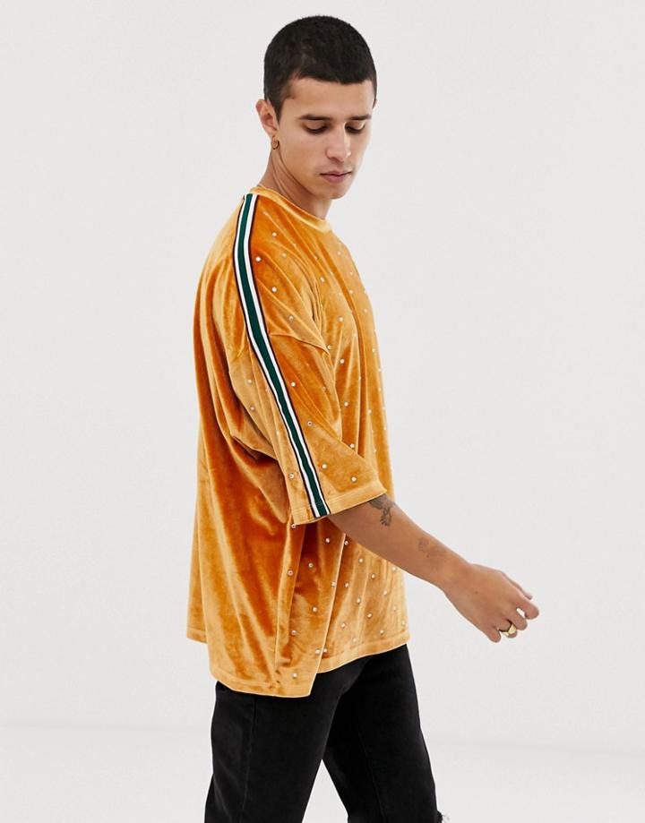 Asos Design Oversized Longline T-shirt With Half Sleeve In Velour With Embellished Gems And Taping - Gold