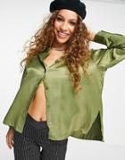 Bershka Oversized Satin Shirt In Khaki-green