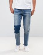 Asos Stretch Slim Ankle Grazer Jeans With Turn Up Hem Contrast Panel In Dark Blue - Blue