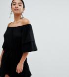 Asos Design Petite Off Shoulder Jersey Romper With Frill Hem - Black