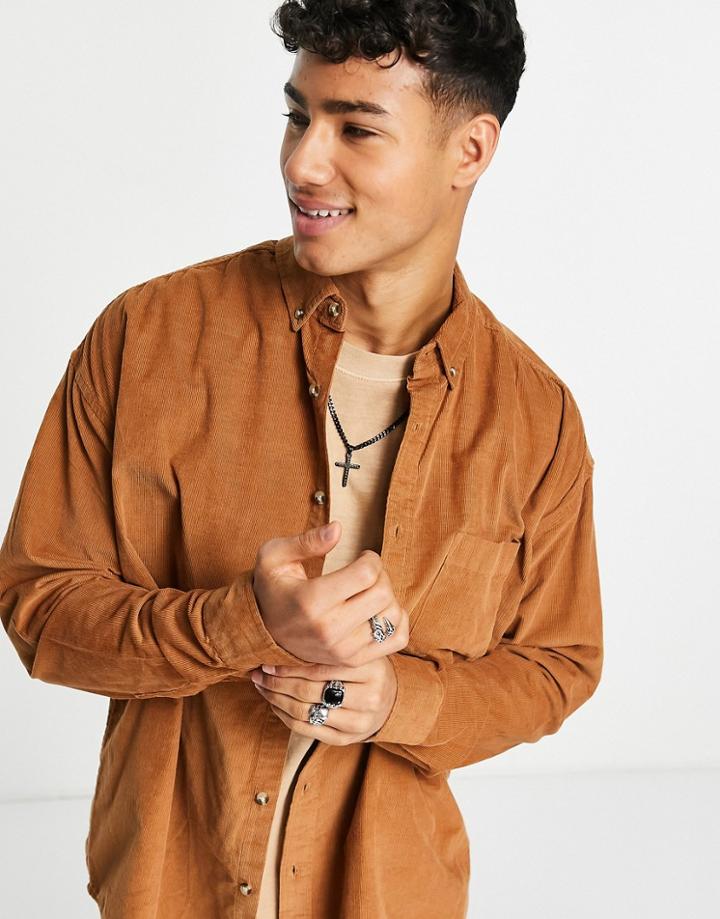 Asos Design 90s Oversized Cord Shirt In Tan-neutral