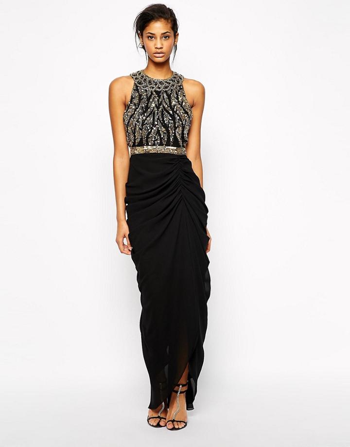 Virgos Lounge Genevieve Maxi Dress With Embellished High Neck - Black