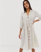 Asos Design Button Through Midi Shirt Dress With Ruched Waist - Cream
