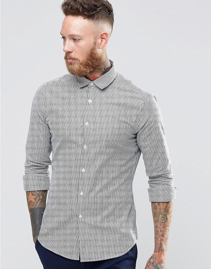 Asos Slim Shirt With Stretch In Black Ticking Stripe And Long Sleeves - Black