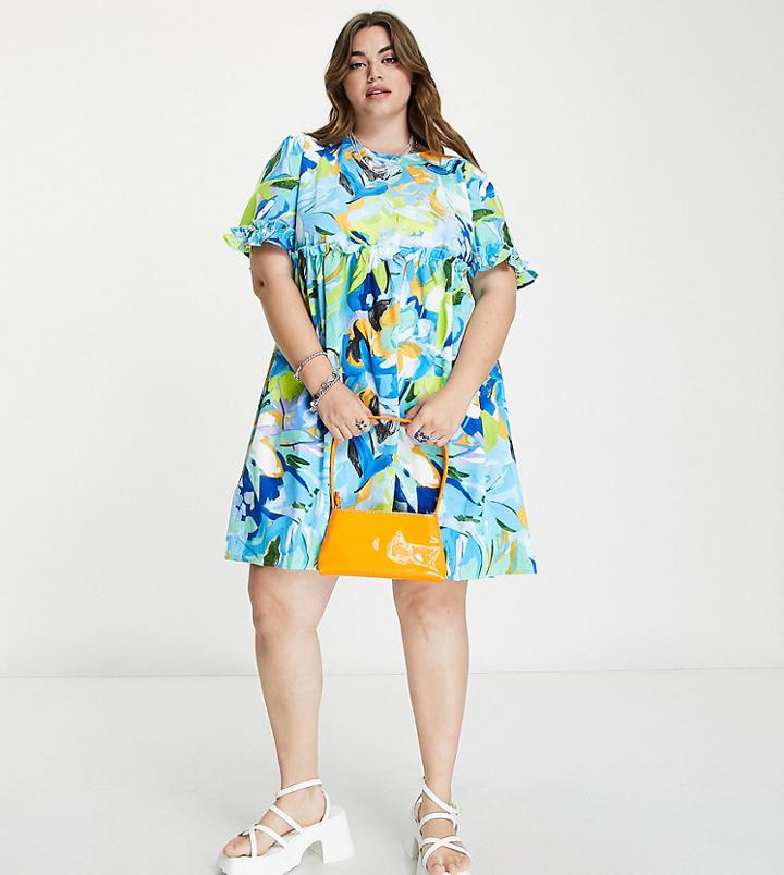 Urban Threads Plus Mini Smock Dress With Frill Detail In Abstract Print-multi
