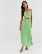Fashion Union Midi Dress With Pleated Skirt And Cut Out Detail-green
