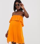 Asos Design Maternity Bandeau Beach Dress With Ruffle & Tassel Hem In Orange - Orange