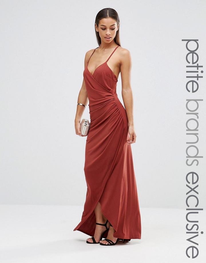 John Zack Petite Cross Back Cami Maxi Dress With Ruching - Chocolate