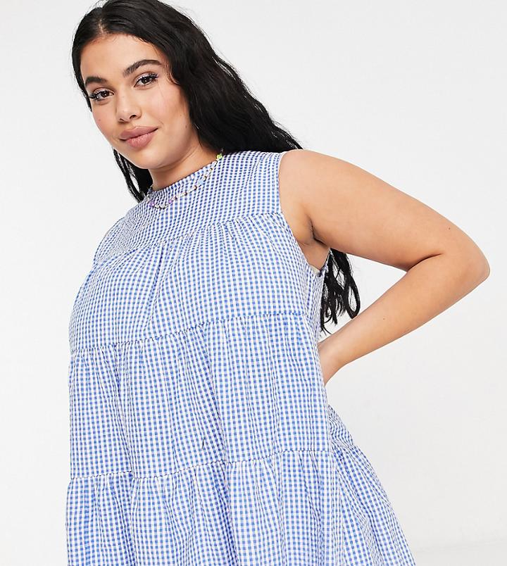 Asos Design Curve Cotton Smock Vest In Blue Gingham-no Color