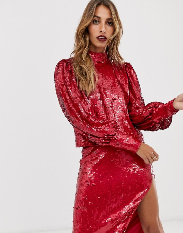 Asos Edition Sequin Top With Blouson Sleeve-red